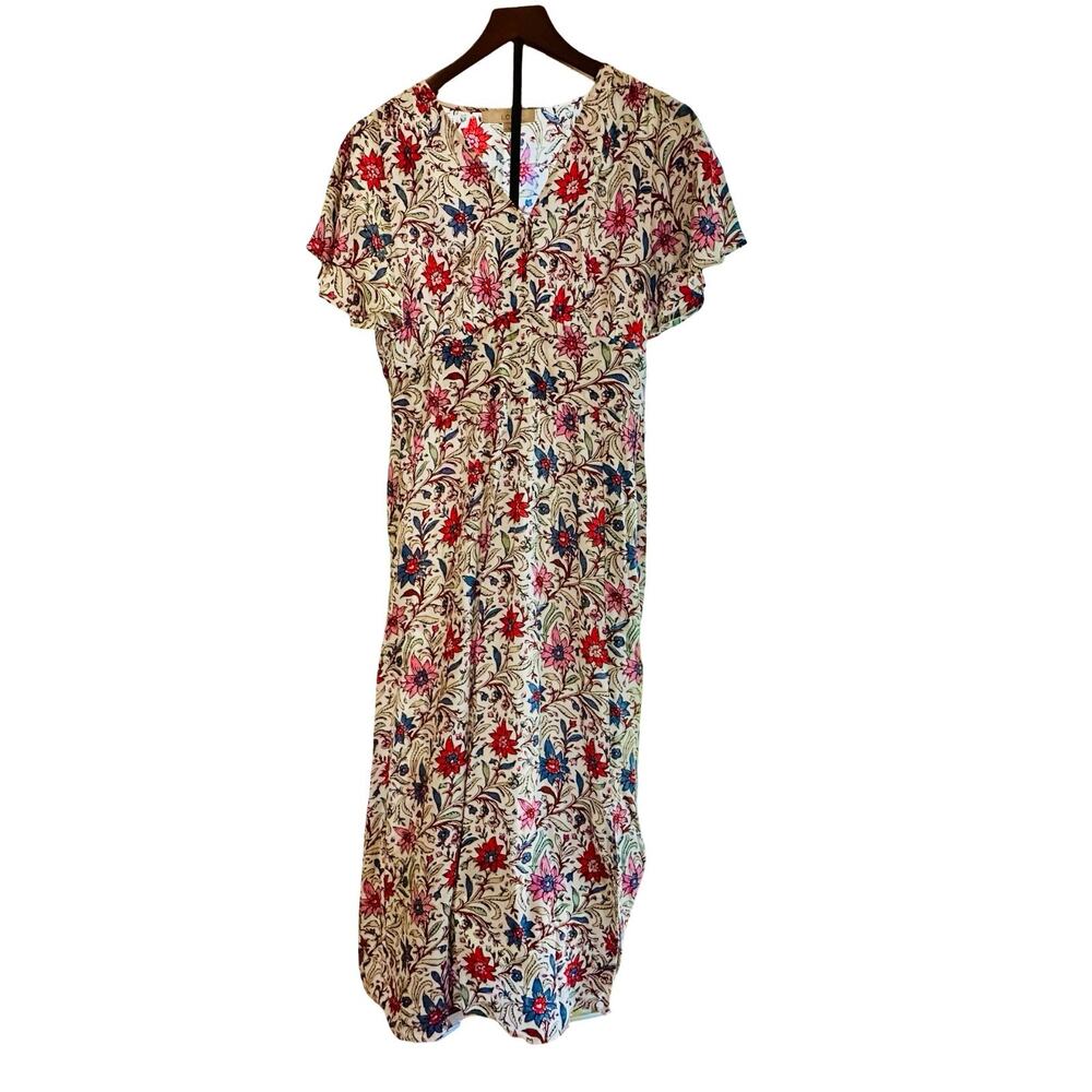 LOFT Womens Size 4 Ivory Floral Print Flutter Sleeve Smocked Waist Midi Dress